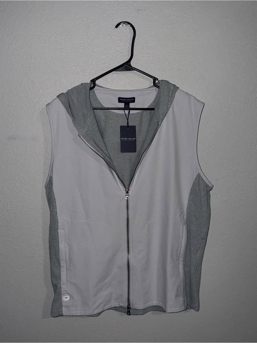 Peter Millar Hooded Zip Vest in Light Gray and Sage Green
